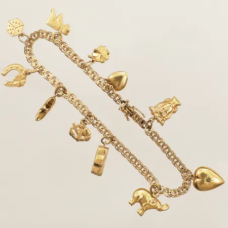 Armband Bismarck med elva berlocker 19cm bredd 3,3mm 18K Vikt: 11,2 g