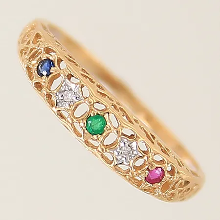 Ring med färgade stenar samt diamanter 2x ca 0,005ct GHA stl:17 bredd:1,3-4,6mm 18K Vikt: 1,5 g