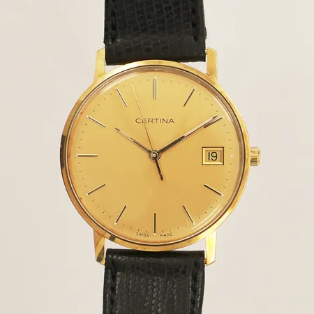Herrur Certina guld quartz Ø33mm läderband inklusive boetten 23cm batteribyte krävs repor gravyr etui 18K
