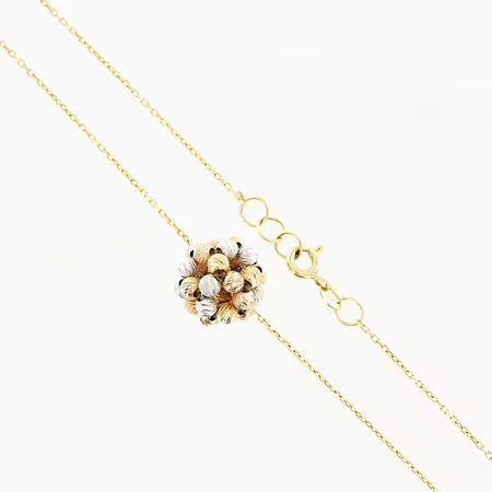 Collier Ankar längd 42-43cm bredd 1mm, hänge i gul/vit/rödguld Ø12mm, intrasslat hår, 18K Vikt: 3,5 g