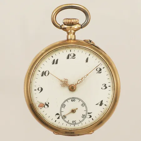 Fickur guld manuell inneboett i metall Ø32mm defekt skadad urtavla går ej 14K bruttovikt 26,8g