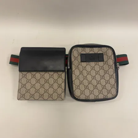 Midjeväska Gucci Two-Pouch GG Supreme canvas, svart läder, 3x18x32cm, nummer 450956/493075, smutsigt invändigt, bruksslitage, inga tillbehör