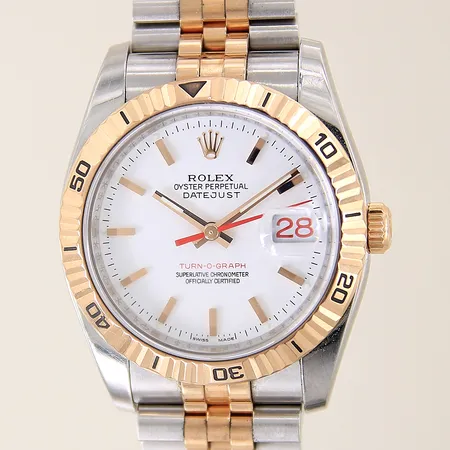 Herrur Rolex Datejust Turnograph stål/guld automatisk ref-nr:116261 serie-nr:D554333 cal:3135 verk-nr:30942803 boett-nr:2080 safirglas Ø36mm datum superjubilée, boett samt länk med mindre repor, extra länkbitar, certifikat från Rob Engström år 2006, box, ytterkartong, manual