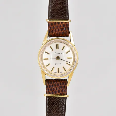 Damur Certina Ø 18,5mm 14K quartz defekt kronan saknas graverad boett fungerar ej läderband