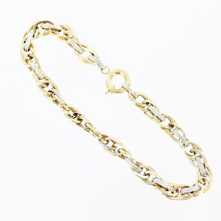 Armband längd 20,5cm bredd 6mm vit/gulguld, ihålig, bucklor, 14K Vikt: 5,6 g