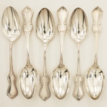 Sex matskedar modell: Olga längd ca 18cm GAB år 1978 silver 830/1000 Vikt: 274,6 g