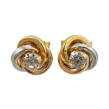 Örhängen Knutar i 18K guld, trefärgad modell, vita stenar, Guldfynd (GHA), örhängenas bredd 6 mm, originalploppar, fint skick, stenar utan anmärkning Vikt: 0,7 g