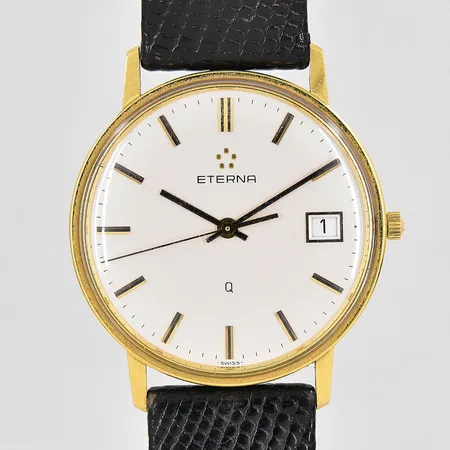Herrur Eterna Ø 33,5mm 14K quartz datum står still slitet läderband