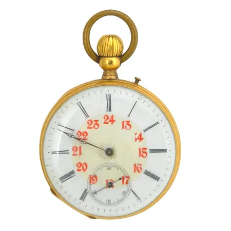Fickur, 18K guld, innerboett i oädel metall, Ø46 mm, manuell, gravyr, mycket intryckningar, 75,7g Vikt: 75,7 g