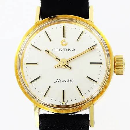 Damur Certina New Art 18K i boett, manuell, Ø22mm, sekundvisare, original läderband med slitage ca 20,5cm, gravyr, inga tillbehör