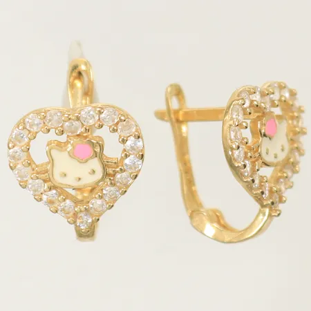 Ett par örhängen "Hello Kitty" med emaljdetaljer och vita stenar, längd 10mm, bredd 9mm, 14K, 1,5g 