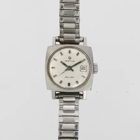 Armbandsur Certina New Art, manuell, Ø 24mm, datum, plexiglas med repor, graverad bakboett, boettnr: 1801.852.7717946, stål, flexiband i metall