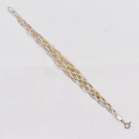 Armband flätat, längd 19½cm, bredd 12-4,5mm, trefärgat förgyllt silver 925/1000 Vikt: 7,9 g