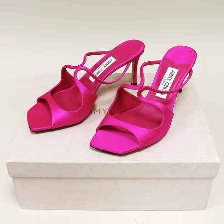 Skor Jimmy Choo Anise stl 38, satin, färg Fuschia, otydligt kvitto Jimmy Choo butik 2023, dustbag, kartong.
