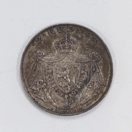 Mynt 2 Kroner, "Jubileumsmynt" Kung Haakon VII Norge 1906, Norges Självständighet 1905, 30 mm, slitage silver 800/1000 Vikt: 15 g