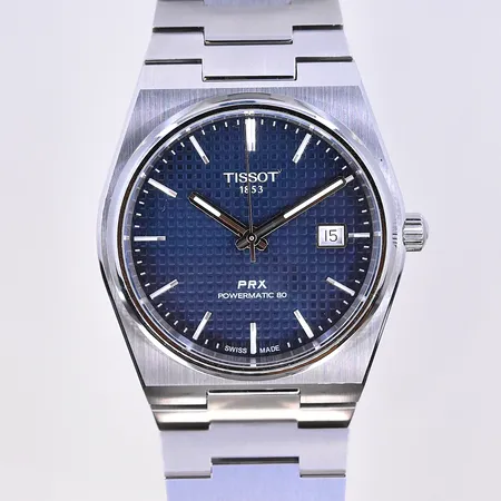 Herrur Tissot PRX Powermatic 80, automat, datum, Ø40 mm, Serienummer T137407A, stål, inköpt 2024, kvitto, 4 extra länkar och box, nyskick.