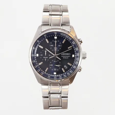 Herrur Seiko kronograf, quartz, ref-nr: 8T67-00L0, serie-nr: 427132, Ø42mm, hardlexglas, datum, stållänk Ø ca16cm, viklås, 4 extra länkbitar, bok, box, ytterkartong, inga andra tillbehör.  Vikt: 0 g