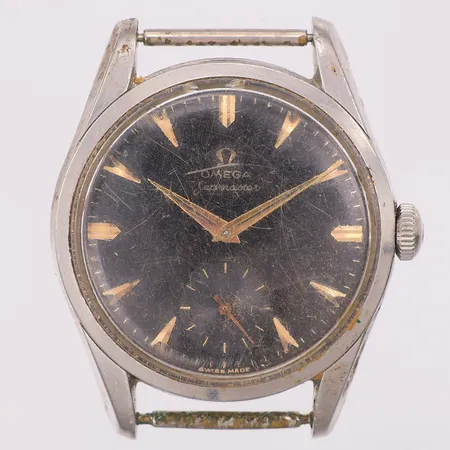 Herrur Omega Seamaster manuell Ø36mm, ca 50-60-tal, saknar band, repigt glas, går ej