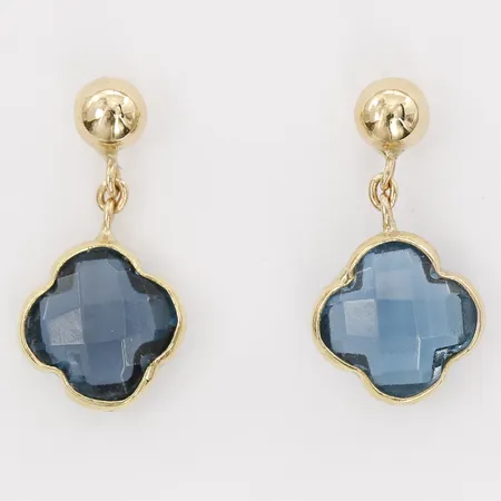 Ett par örhängen med blå bestrålade topaser, London blue topaz, höjd 12mm,  bredd 7mm, 18K guld Vikt: 1,4 g