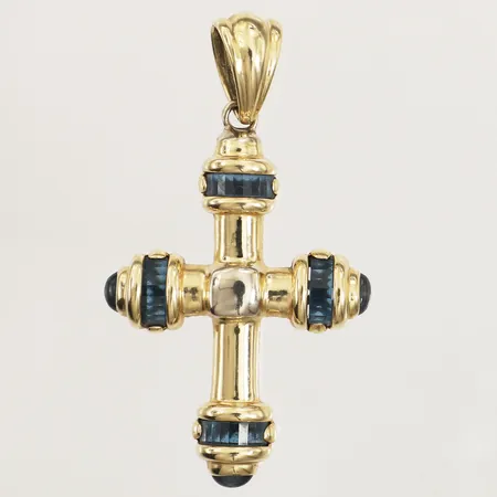Hänge kors med blå stenar, tvåtonat, ca 70mm, bredd 38mm,  inklusive ögla, 14K Vikt: 18 g
