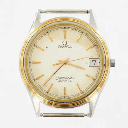 Herrur Omega Seamaster Ø34mm, quartz, stål med doublékrans, fuktskadad urtavla, batteribyte, boett-nr:1332, utan länk, originalspänne medföljer Vikt: 0 g