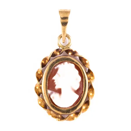 Hänge Camé i 18K guld. Det är 11 mm brett, 21 mm långt inkl. ögla och väger 0,9g. 