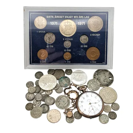 Parti silver, mynt och fickur, 400-925/1000,  bruttovikt silvermynt exklusive fickur 190g, fickur - emaljskada urtavla, 