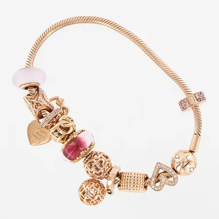 Armband Pandora ALE, 9 hängen, en stopp, 20cm bredd: 3mm, roséförgyllt silver 925/1000, ask medföljer Vikt: 38,4 g