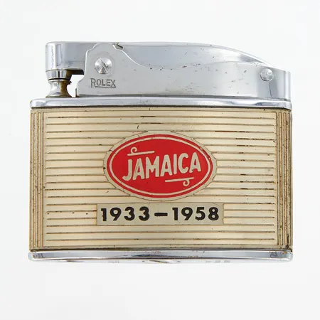 Tändare Rolex Super Automatic Lighter, reklamutgåva för Skandinaviska Bananimporten 25 år 1933-1958, Jamaica, med etui märkt Ronson, ej fuinktionstestad.  Vikt: 0 g