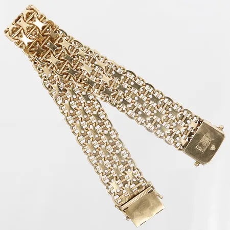 Armband x-länk med stav, längd 19,5cm, bredd 16mm, slitage, 18K guld. Vikt: 39,1 g