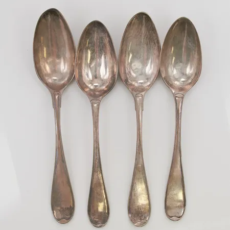 4 Matskedar, 21cm, modell: Svensk Rund, två med gravyr, 830/1000 silver, 222,5g.