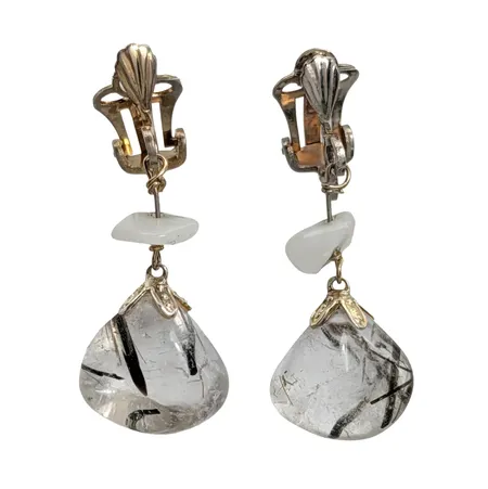 Retro Örhängen, ett par, metall (svag förgyllning), Rutilkvarts, längd 37 mm, bredd 14 mm