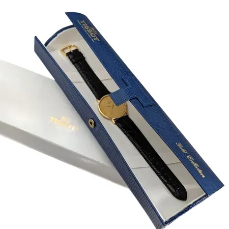 Herrur Tissot Goldrun, 18K guld, Ø34 mm, quartz - behov av nytt batteri, referensnummer T71.3.411.21, box, original skinnband och spänne, mycket fint skick Vikt: 0 g