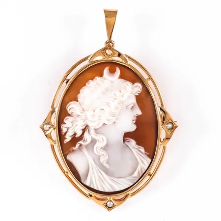 Brosch / Hänge Camé i 18K guld. Det är mm brett, mm långt exkl. ögla och väger 11,5g. 