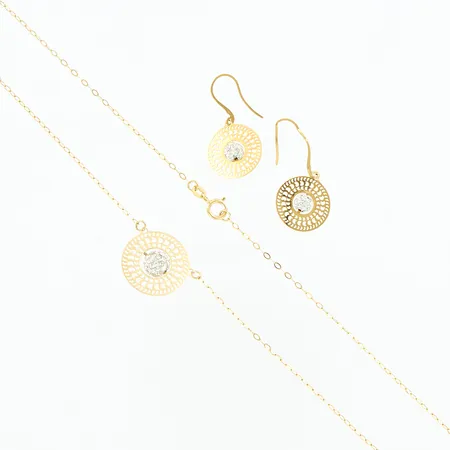 Collier 41cm, bredd:1mm, hängdel Ø16mm, ett par örhängen 25mm, Ø13mm, skev krok, vit massa med stenar, 9K  Vikt: 1,7 g