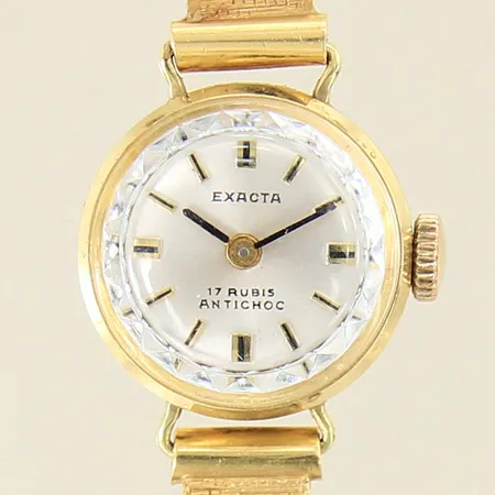 Damur Exacta 17 Rubis Antichoc, boett i 14K, manuell, Ø17mm, länk i 18K, plastglas med mindre repor, repig boett samt länk, lås går ej att stänga, inga tillbehör, bruttovikt: 21,6g