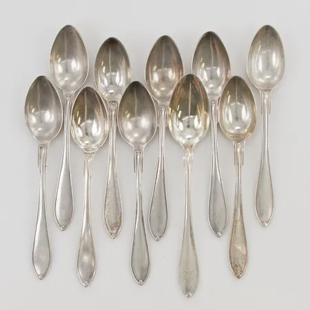 10 Kaffeskedar, 12-13cm, en graverad, 830/1000 Silver 137,0g.