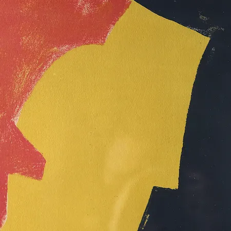 Tavla, Serge Poliakoff, "Composition Rouge Jaune Et Noire", 1953, litografi, signerad samt numrerad 96/100, bildyta 36x28,5cm, gulnat papper, något blekt signatur, ej examinerad ur ram.  Specialfrakt, kontakta pantbankskontoret för mer information.