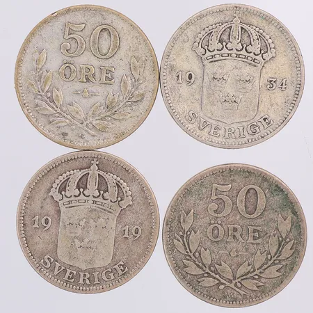 4 Mynt 50 öre år 1914-35, 600/1000 silver Vikt: 19,5 g