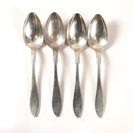 4st Matskedar, modell Svensk spets, längd 224mm, monogramgravyr, tillverkad av A G Dufva, Stockholm 1906, silver 830/1000 Vikt: 288,4 g