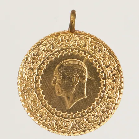 Mynt Ataturk 1999, Ø22mm, ögla i oädel metall, 21,6K  Vikt: 3,6 g