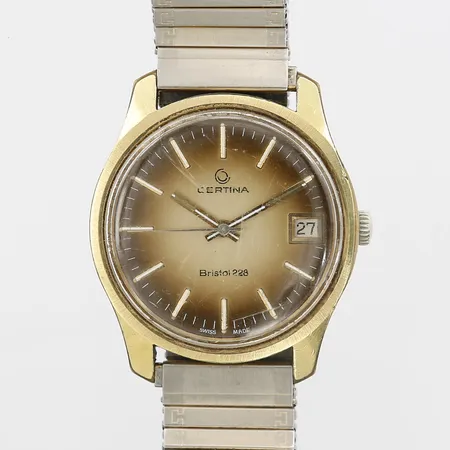Armbandsur Certina Bristol 228, går ej/akut servicebehov, Ø 34mm,  datum, plexiglas med repor, graverad bakboett, boettnr: 852 377 25, guld på stål, flexiband i metall