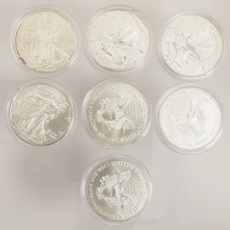 Sju Mynt United States Of America, One Dollar, 1OZ, Liberty, In God We Trust, Ø40,5mm, år 2018 & 2019, plastetuier, defekta etuier, 999/1000 silver Vikt: 218,8 g