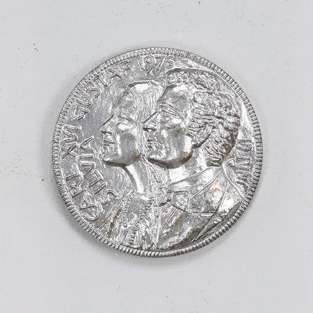 Minnesmynt, "Kastpenning", Ø31mm, Carl XVI Gustaf Silvia 19 juni 1976, Carl XIV Johan Desideria, utgiven av Sporrong, silver  Vikt: 21,6 g