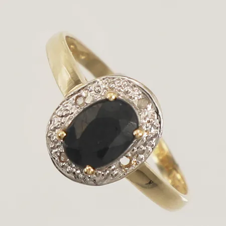 Carmoséring med rosenstenar och blå sten, möjligen safir, stl 17½, bredd 1,6-10,7mm, skadad skena och blå sten, 10K  Vikt: 1,2 g