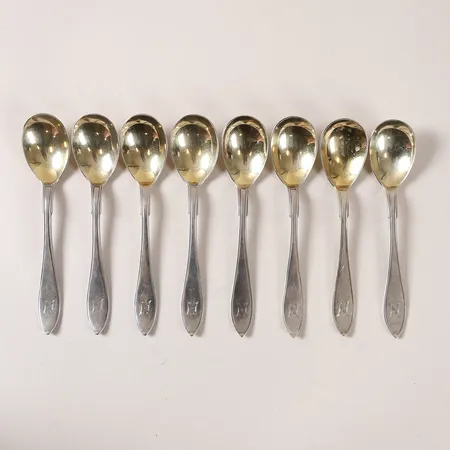 8st Dessertskedar modell Svensk spets, längd 147mm, monogramgravyr, tillverkad av A G Dufva, Stockholm 1908, silver 830/1000 Vikt: 233,7 g