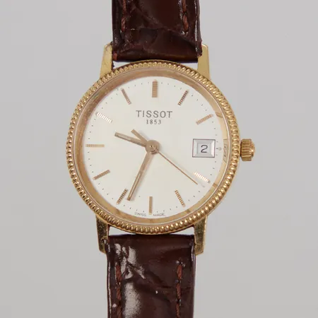 Damur Tissot Ø24mm, kvarts, datum, gravyr, läderband, 18K, behov av batteribyte, Bruttovikt: 15,6g.