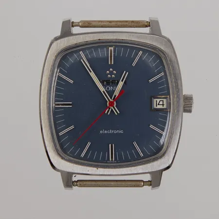 Herrur Eterna Sonic , 33,5x33,5 mm, boettnr: 5917991, stål, kvarts, stämgaffelur, datum, utan läderband, repor på glas, servicebehov, datumhjul i slitet skick, inga tillbehör.