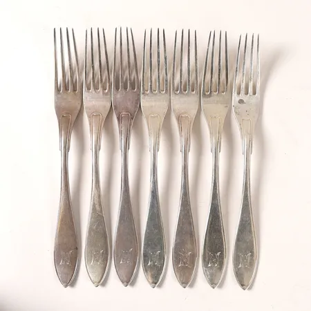 7st Matgafflar modell Svensk spets, längd 213mm, monogramgravyr, tillverkad av A G Dufva, Stockholm 1908, silver 830/1000 Vikt: 465,2 g