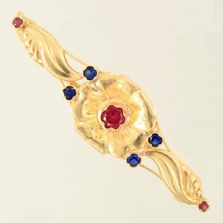 Hårspänne med röda samt blåa stenar, 76x21mm, ostämplat, 18K Vikt: 14,5 g